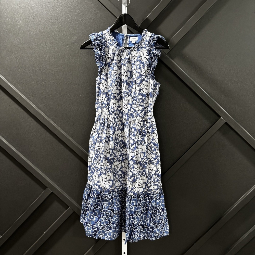 J.Crew Dress Womens Size 0 Blue White Floral Ruffle Sleeve Tiered Midi
